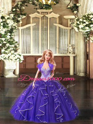 Colorful Purple Lace Up Scoop Beading and Ruffles Ball Gown Prom Dress Tulle Sleeveless