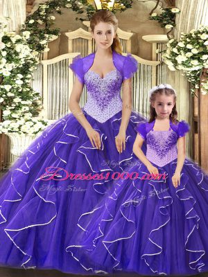 Colorful Purple Lace Up Scoop Beading and Ruffles Ball Gown Prom Dress Tulle Sleeveless