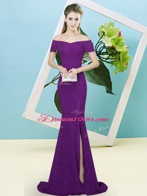 Perfect Dark Purple Off The Shoulder Zipper Sequins Prom Dresses Sweep Train Short Sleeves