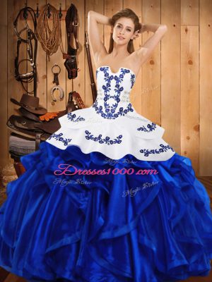 Super Floor Length Lace Up Quinceanera Dress Royal Blue for Military Ball and Sweet 16 and Quinceanera with Embroidery and Ruffles