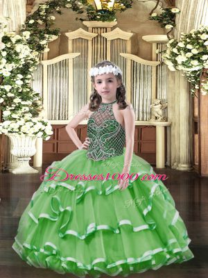 Sleeveless Lace Up Floor Length Beading and Ruffled Layers Pageant Gowns For Girls