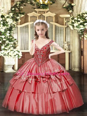 Adorable Sleeveless Lace Up Floor Length Beading and Ruffled Layers Kids Pageant Dress