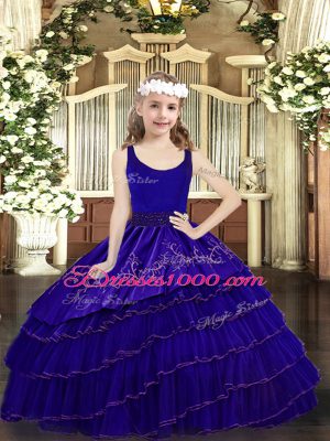 Fancy Sleeveless Organza Floor Length Zipper Child Pageant Dress in Blue with Beading and Embroidery and Ruffled Layers