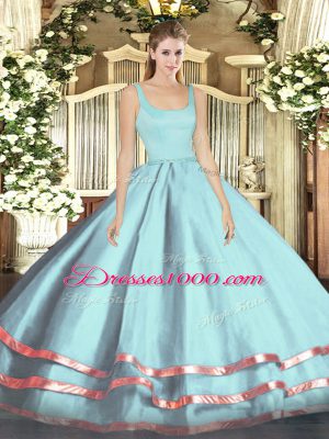 Designer Light Blue Straps Neckline Ruffled Layers Vestidos de Quinceanera Sleeveless Zipper