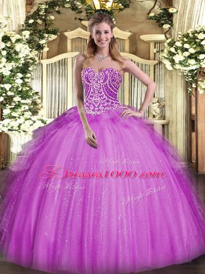 New Arrival Sweetheart Sleeveless Quinceanera Gowns Floor Length Beading and Ruffles Fuchsia Organza