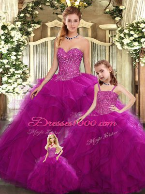 Dramatic Organza Sweetheart Sleeveless Lace Up Beading and Ruffles Quinceanera Gowns in Fuchsia