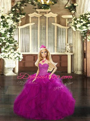 Dramatic Organza Sweetheart Sleeveless Lace Up Beading and Ruffles Quinceanera Gowns in Fuchsia