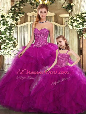 Dramatic Organza Sweetheart Sleeveless Lace Up Beading and Ruffles Quinceanera Gowns in Fuchsia