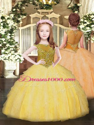 Cute Scoop Sleeveless Pageant Dress Toddler Floor Length Beading and Ruffles Gold Organza