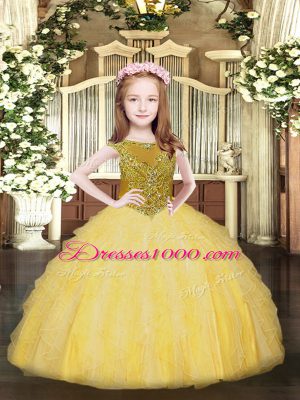 Cute Scoop Sleeveless Pageant Dress Toddler Floor Length Beading and Ruffles Gold Organza