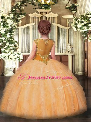 Cute Scoop Sleeveless Pageant Dress Toddler Floor Length Beading and Ruffles Gold Organza