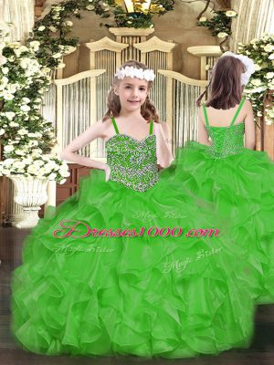 Green Ball Gowns Straps Sleeveless Organza Floor Length Lace Up Beading and Ruffles Pageant Gowns For Girls