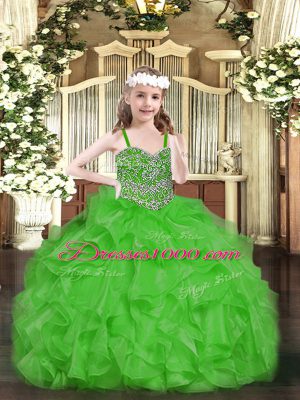 Green Ball Gowns Straps Sleeveless Organza Floor Length Lace Up Beading and Ruffles Pageant Gowns For Girls