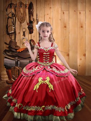 Ball Gowns Little Girls Pageant Dress Wholesale Coral Red Off The Shoulder Organza and Taffeta Sleeveless Floor Length Lace Up