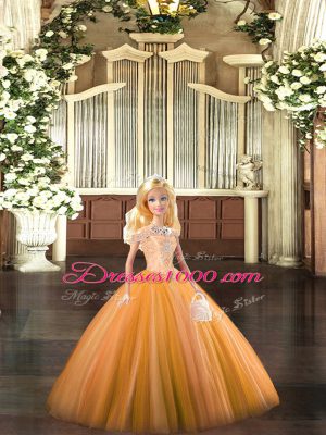 Orange Ball Gowns Off The Shoulder Sleeveless Tulle Floor Length Lace Up Beading Quinceanera Gown