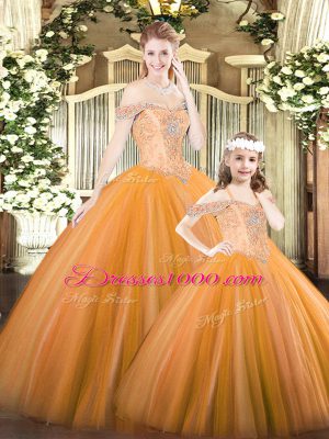 Orange Ball Gowns Off The Shoulder Sleeveless Tulle Floor Length Lace Up Beading Quinceanera Gown