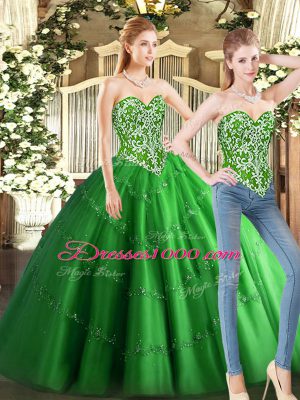 Eye-catching Green Tulle Lace Up Sweetheart Sleeveless Floor Length Sweet 16 Dresses Beading