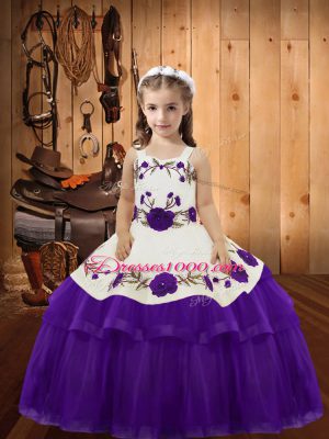 Floor Length Lace Up Pageant Gowns For Girls Eggplant Purple for Sweet 16 and Quinceanera with Embroidery and Ruffled Layers