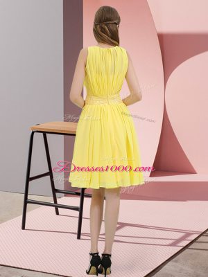 Sumptuous Yellow Green Empire Scoop Sleeveless Chiffon Knee Length Zipper Sequins Bridesmaid Dress