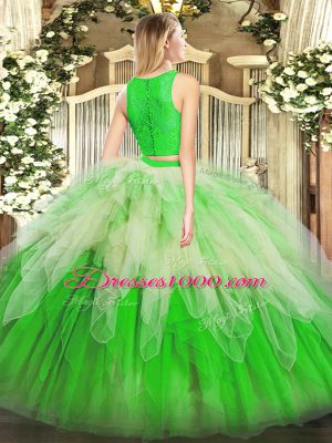 Eye-catching Scoop Sleeveless Vestidos de Quinceanera Floor Length Lace and Ruffles Yellow Green Organza