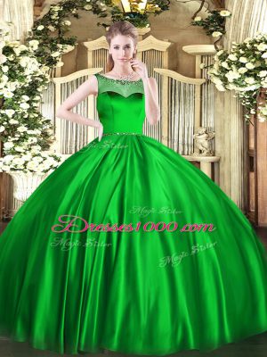 Green Ball Gowns Satin Scoop Sleeveless Beading Floor Length Zipper Ball Gown Prom Dress