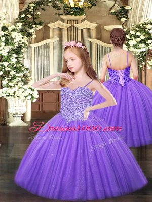 Lavender Sleeveless Floor Length Appliques Lace Up Little Girl Pageant Dress