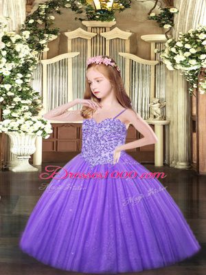 Lavender Sleeveless Floor Length Appliques Lace Up Little Girl Pageant Dress