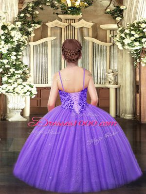 Lavender Sleeveless Floor Length Appliques Lace Up Little Girl Pageant Dress