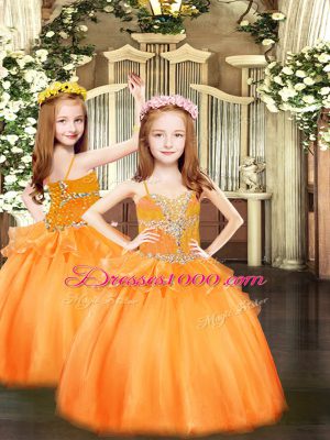 Low Price Orange Sleeveless Floor Length Beading Lace Up Little Girl Pageant Dress