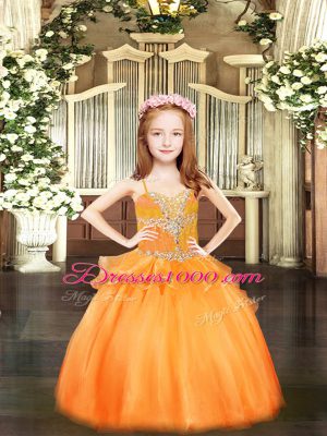 Low Price Orange Sleeveless Floor Length Beading Lace Up Little Girl Pageant Dress