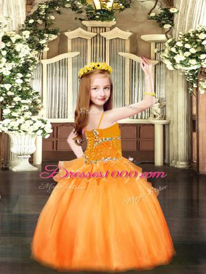 Low Price Orange Sleeveless Floor Length Beading Lace Up Little Girl Pageant Dress