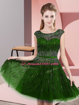 Fabulous Sleeveless Tulle Knee Length Backless Prom Party Dress in Green with Beading