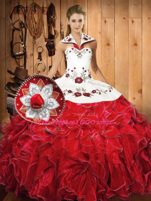 White And Red Lace Up Sweet 16 Quinceanera Dress Embroidery and Ruffles Sleeveless Floor Length