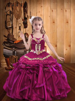 Ball Gowns Little Girl Pageant Dress Fuchsia Straps Organza Sleeveless Floor Length Lace Up
