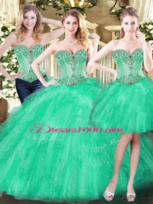 Green Sweetheart Neckline Beading and Ruffles Quince Ball Gowns Sleeveless Lace Up