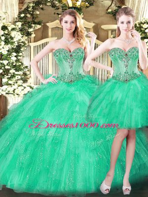 Green Sweetheart Neckline Beading and Ruffles Quince Ball Gowns Sleeveless Lace Up