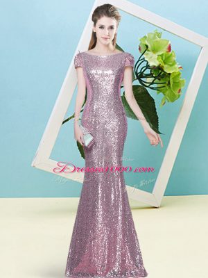 Floor Length Zipper Evening Dress Pink for Prom and Party with Sequins