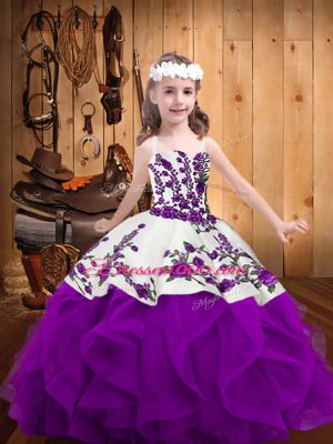 Straps Sleeveless Pageant Dress Wholesale Floor Length Embroidery and Ruffles Purple Organza