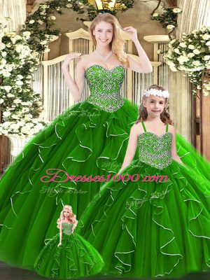 Top Selling Green Sweetheart Lace Up Beading and Ruffles 15 Quinceanera Dress Sleeveless