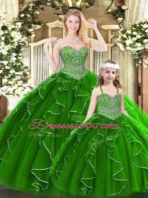 Top Selling Green Sweetheart Lace Up Beading and Ruffles 15 Quinceanera Dress Sleeveless