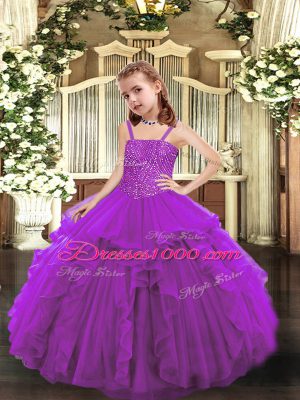 Stylish Beading and Ruffles Pageant Dress Wholesale Purple Lace Up Sleeveless Floor Length