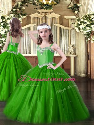 Green Straps Lace Up Beading Glitz Pageant Dress Sleeveless