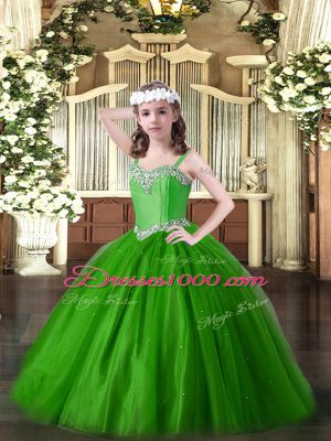 Green Straps Lace Up Beading Glitz Pageant Dress Sleeveless