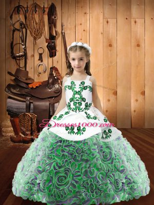 Fabric With Rolling Flowers Sleeveless Floor Length Glitz Pageant Dress and Embroidery and Ruffles