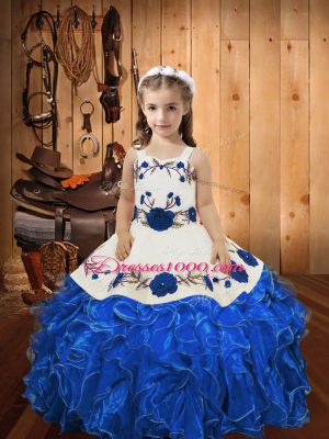 Blue Lace Up Straps Embroidery and Ruffles Custom Made Pageant Dress Organza Sleeveless