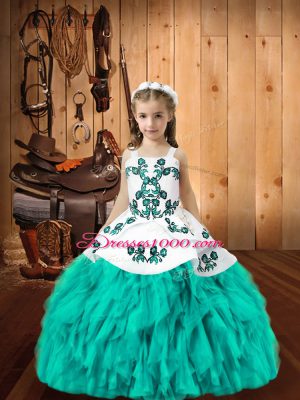 Amazing Aqua Blue Ball Gowns Organza Straps Sleeveless Embroidery and Ruffles Floor Length Lace Up Womens Party Dresses