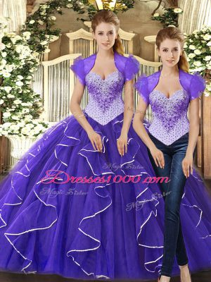 Purple Tulle Lace Up Quinceanera Dresses Sleeveless Floor Length Beading and Ruffles