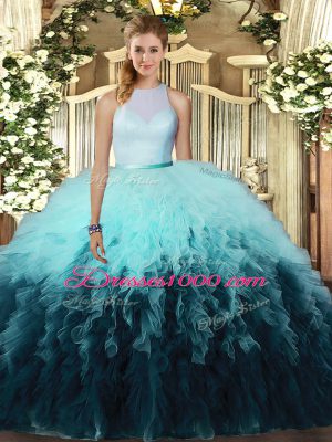 Colorful Sleeveless Tulle Floor Length Backless Sweet 16 Dress in Multi-color with Ruffles