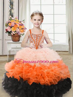 Sleeveless Floor Length Beading and Ruffles Lace Up Little Girls Pageant Dress with Multi-color