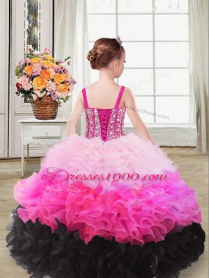 Sleeveless Floor Length Beading and Ruffles Lace Up Little Girls Pageant Dress with Multi-color